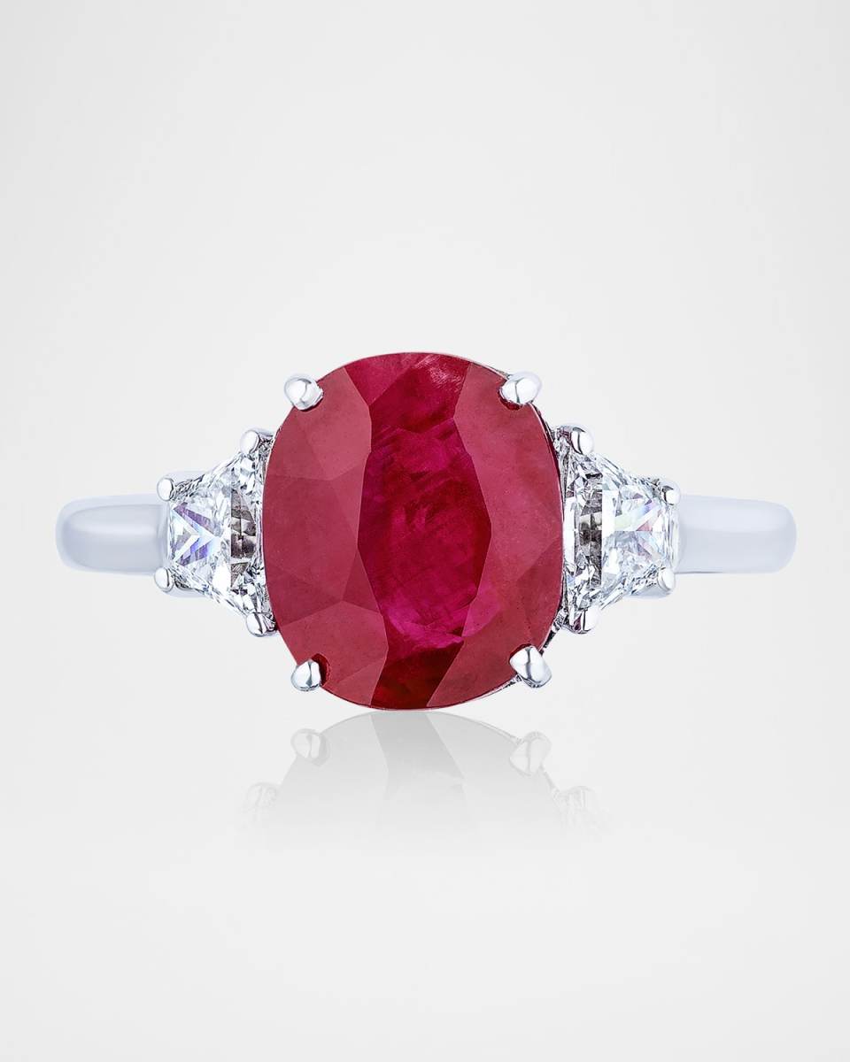 18K White Gold Ruby and Diamond Trapezoid Ring, Size 6.5